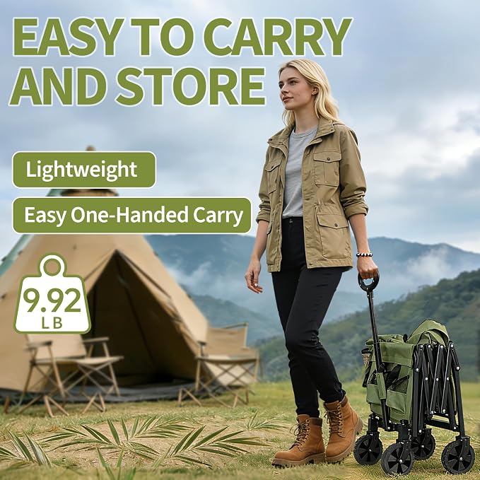 Foldable Wagon Cart, Collapsible Utility Wagon with All Terrain Wheels, Portable Folding Cart for Camping Garden Shopping Grocery Sports(Green, Medium Without Tailgate)