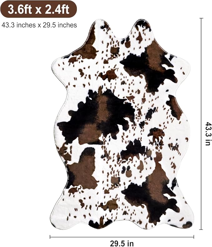 MACEVIA Cowhide Rug Cute Cow Print Rugs Western Decor for Living Room Bedroom Faux Animal Area Carpet Non-Slip 43.3" L x 29.5" W(3.6ft x 2.4ft)