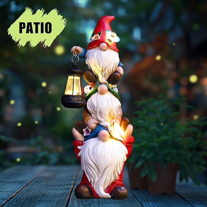 twinbling 12 in Garden Gnome Statue with Solar Lights Birthday Gift for Mom Woman Grandma Garden Sculptures Funny Triple Gnome Outdoor Patio Lawn Yard Balcony Home Decor