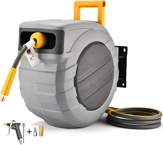 GLAHODEN Air Hose Reel 115 Ft Retractable, 3/8 in x 115 Ft Hybrid Hose Air Compressor Hose Reel with 6 Ft Lead in Max 300 PSI Patented Design for Any Length Lock 180°Swivel Bracket Quick Coupler