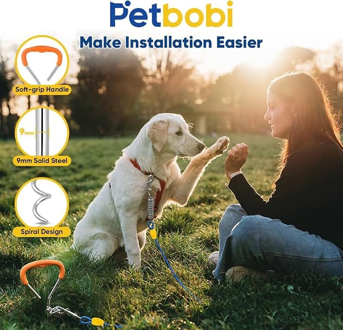 Petbobi Dog Tie-Out Cable and Stake - 30ft Heavy Duty Cable with Spring, No Tangle, 16in Ground Stake, Ideal for Outdoor Yard, Camping, Suitable for Small Medium Large Dogs Up to 120 lbs, Blue