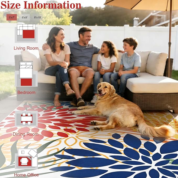 Yinhua Dahlia Floral Outdoor Rug 5x7 Colorful Indoor Outdoor Rugs Washable Patio Rug Non Slip Large Flower Area Rug Low Pile Outdoor Carpet for Patio, Deck, Porch, Balcony, Camping, Red and Blue