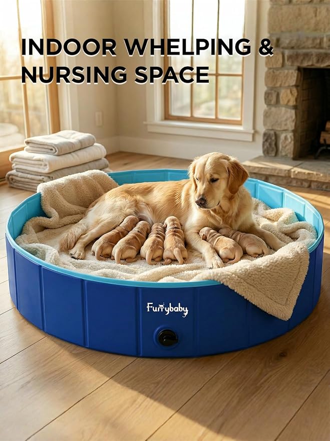 Furrybaby Foldable Dog Pool Non-Slip Hard Bath Tub Indoor Outdoor Pets Kids | Collapsible rigid dog pool with non-slip PVC, durable hard plastic tub, portable indoor & outdoor use for pets and kids, navy