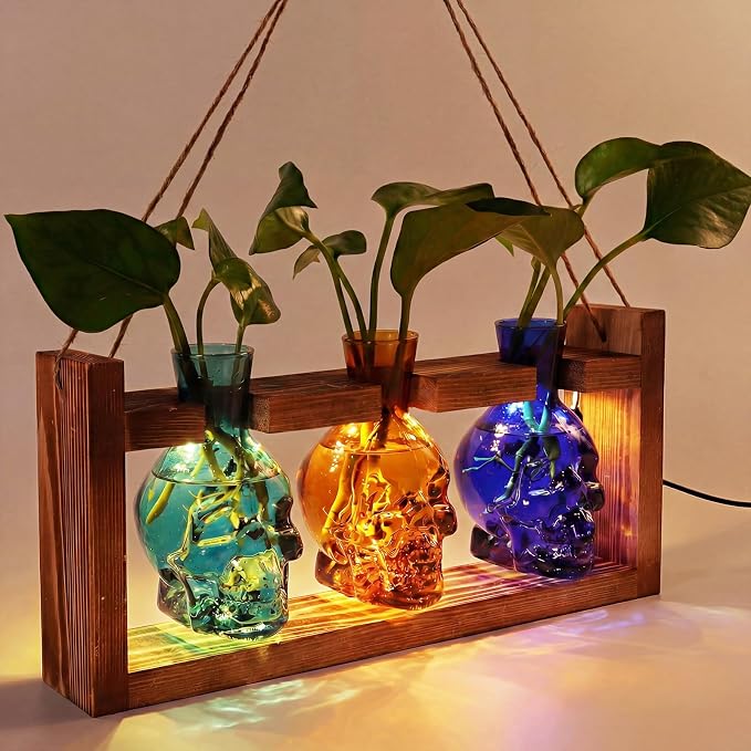 Skull Plant Propagation Station with LED Lights - Halloween Decor Skull Planter, Hydroponics Pot for Office, Unique Gifts for Women & Plant Lovers(3*Mixed Color)