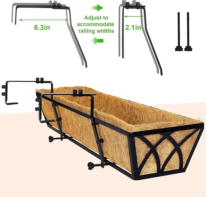 30 Inch 6 Pack Railing Planter with Adjustable Brackets, Window Box with Coco Liner, Hanging Metal Flower Box for Balcony Deck Fence Porch, Black