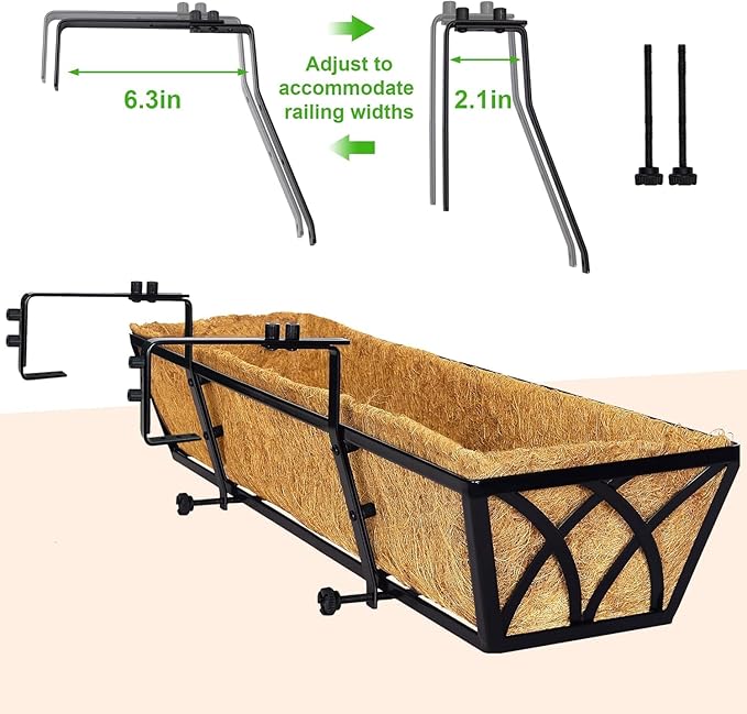 HFHOME 24 inch Railing Planter Box - 4 Pack Metal Window Trough with Coconut Coir Liners, Flower Basket for Deck Railings Balcony or Porch to Display Plants and Flowers