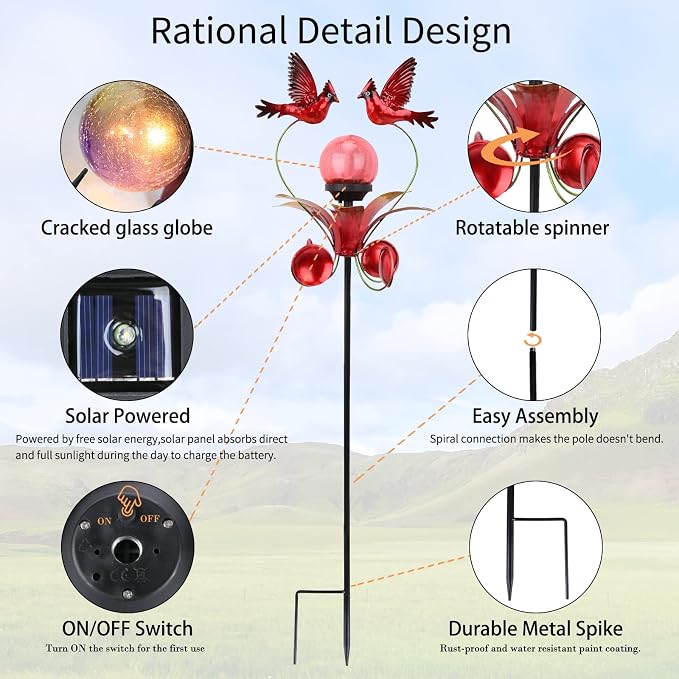 Decorative Solar Outdoor Light, Cardinal Glass Globe Stake For Lawn Yard | Solar Cardinal Lights With Wind Spinner Design, Crackle Glass Globe, Auto On/Off For Garden, Lawn, Yard