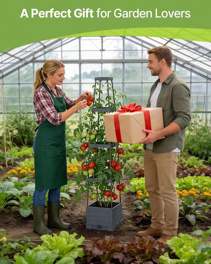 Suteck 1-Pack Raised Garden Bed Planter Box with Trellis, Self-Watering Tomato Planter with Adjustable Height Steel Support Frame for Climbing Plants, Tomato Cages for Patio, Balcony & Outdoor