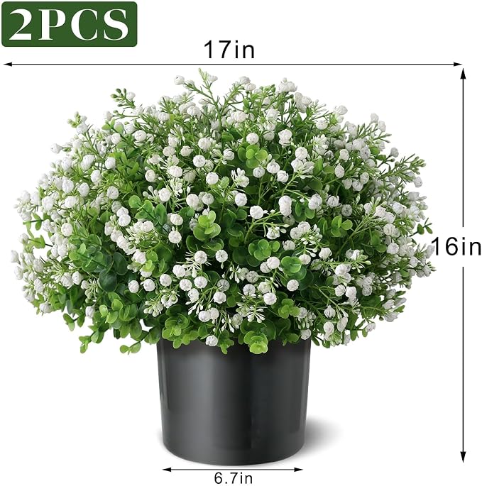 Artificial Eucalyptus with Baby's Breath Topiary Ball Trees - 2 Set Plastic Faux Eucalyptus Plants in Pot, Sun Resistant Fake Greenery Potted Bushes for Front Door Farmhouse Garden Porch Decor