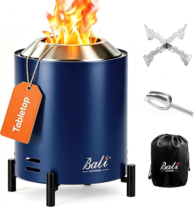 BALI OUTDOORS 6.5 inch Tabletop Fire Pit Round, Stainless Steel Table Top Firepit Small, Outdoor Smokeless Firepit Portable, Blue