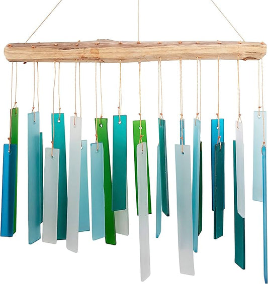 Blue Handworks Sea Glass and Driftwood Chime | Sandblasted Glass and Found Wood Hand Crafted Wind Chime