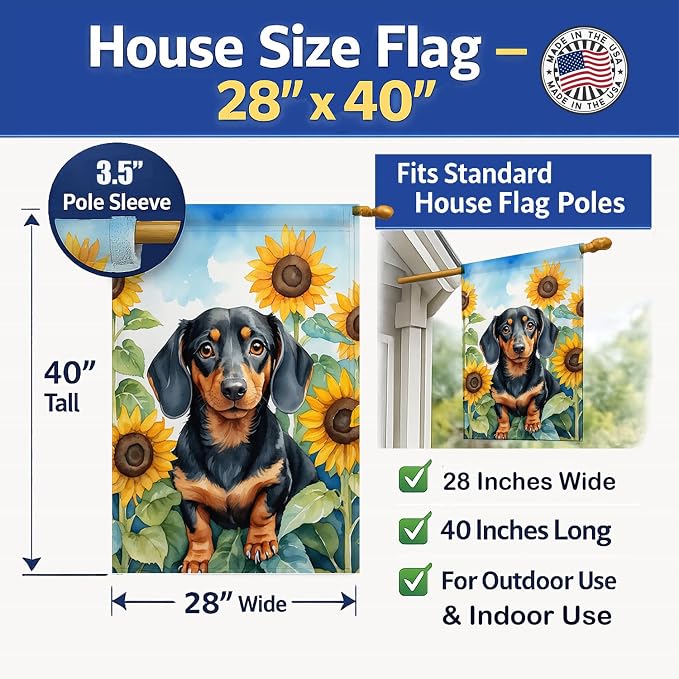 Caroline's Treasures DAC6066CHF Dachshund in Sunflowers House Flag Large Porch Sleeve Pole Decorative Outside Yard Banner Artwork Wall Hanging, Polyester, House Size, Multicolor