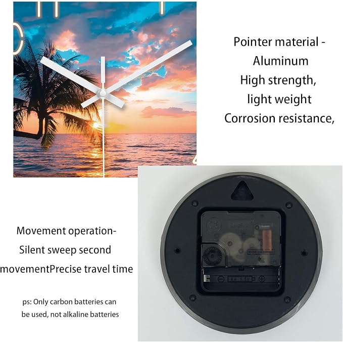 XFM Beach Wall Clocks Battery Operated 16 Inch Palm Tree Wall Clocks for Living Room Bedroom Big Round Glass Silent Wall Clock Non Ticking Sunset Tropical Seashore Clock