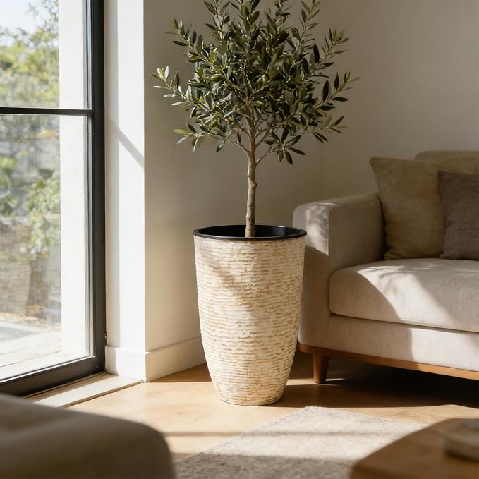 Worth Garden 21" H Beige Tall Planters set of 2 with Inside Pots - 14'' Dia Plastic Large Round Plant Tree Pots with Drain Hole - Decorative Imitation Stone Finish for Indoor Outdoor Front Porch Patio