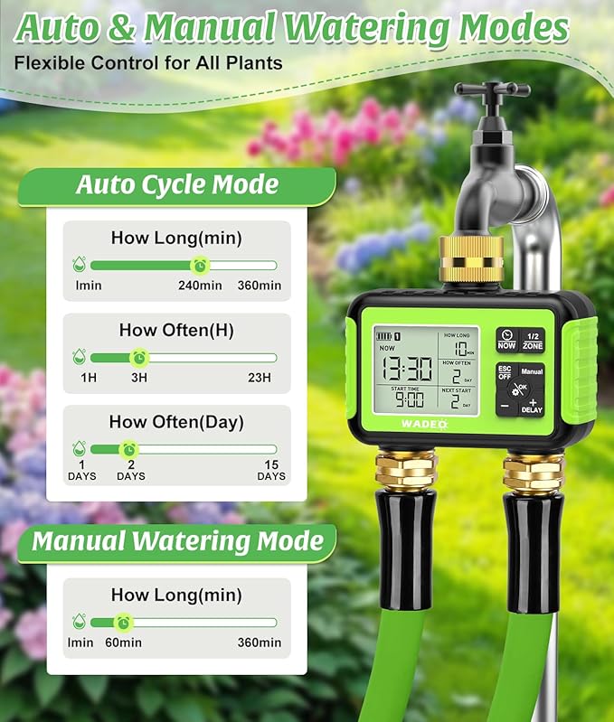 Sprinkler Timer with Brass Inlet Outlet for Garden Hose, Outdoor 2 Zone Water Hose Timer with Rain Delay/Auto/Manual/Child Lock, Rainpoint Drip Irrigation Controller for Lawn Yard Garden Watering
