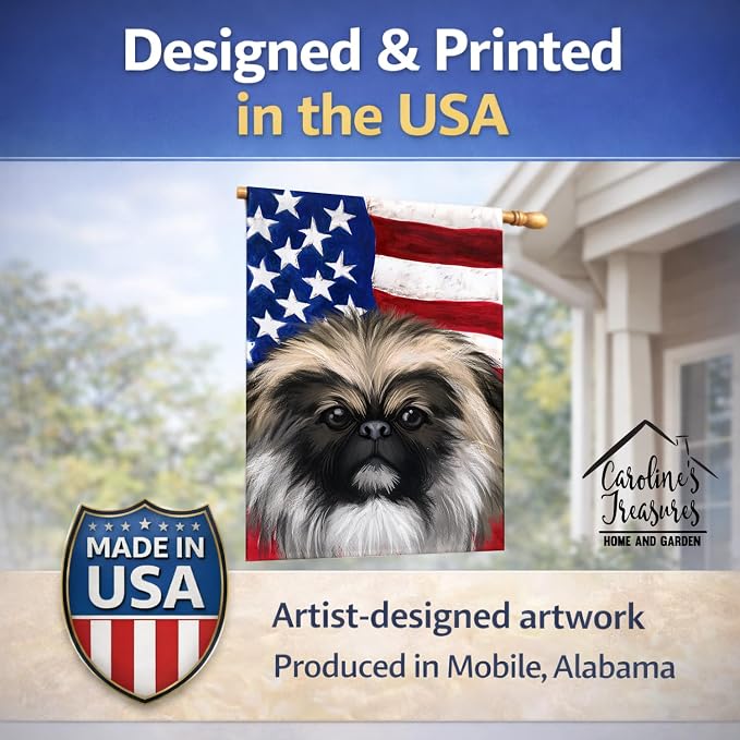 Caroline's Treasures CK6488CHF Chinese Imperial Dog American Flag House Flag Large Porch Sleeve Pole Decorative Outside Yard Banner Artwork Wall Hanging, Polyester, House Size, Multicolor