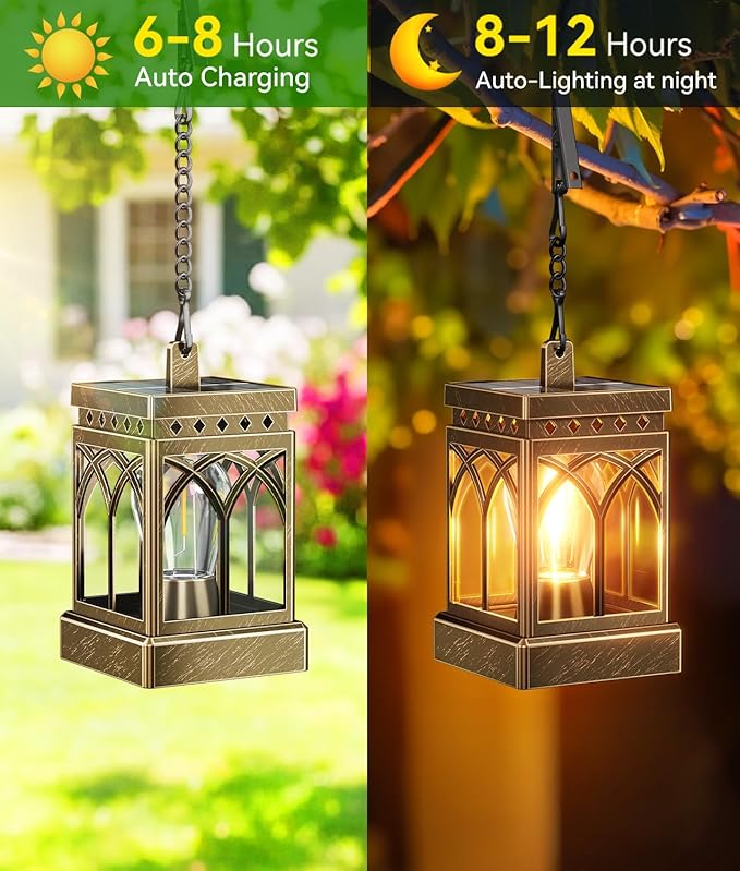 KOOPER 4 Pack Solar Lanterns Outdoor Waterproof, Brighter Hanging Solar Lantern Lights for Outside, Auto ON/Off Lanterns Decorative Outdoor for Garden Table Yard Path Patio Lawn Decor, Gifts (Bronze)