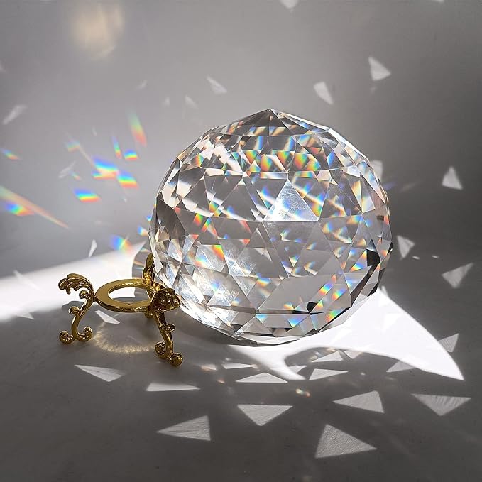 Tirifer Clear Glass Crystal Ball Prisms with Stand, Window Rainbow Maker Sphere Faceted Gazing Ball for Home Décor, Christmas, Wedding, Suncatcher (120mm/4.72in)