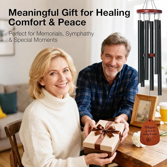 Sympathy & Memorial Wind Chimes for Outside – Deep Tone Aluminum Chimes with Mute Feature, Inspirational Quote, Feather & Dandelion Art Wooden Sail, Outdoor Garden Decor (Black, 37 Inch)