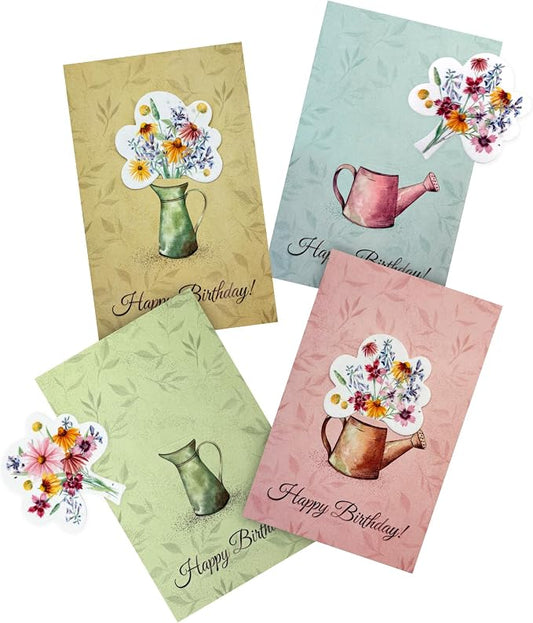Birthday Cards – 4 Plantable Bouquet Inserts with Wildflower Seeds, 4 Birthday Cards & Envelopes for Kids, Adults, Friends, Family, Coworkers, Men and Women