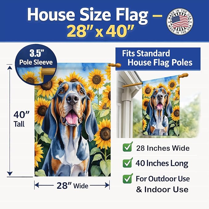 Caroline's Treasures DAC6007CHF American English Coonhound in Sunflowers House Flag Large Porch Sleeve Pole Decorative Outside Yard Banner Artwork Wall Hanging, Polyester, House Size, Multicolor
