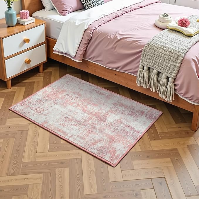 Pink Washable Small Area Rug, 2x3 Abstract Non-Slip Door Mat, Modern Low Pile Indoor Entryway Rugs, Stain Resistant Throw Carpet for Front Door, Kitchen, Entry, Inside Entrance