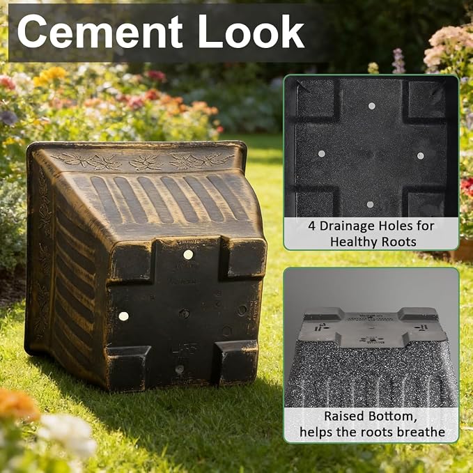 14 Inch Vintage Square Planter - 4 Pack Heavy Duty Antique Gold Plastic Flower Pot with Drainage & Raised Base, Retro 7 Gal Plant Container for Outdoor Patio, Porch, Indoor (13" Tall)