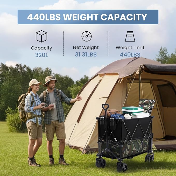 DUMOS 440LBS Heavy Duty Double Decker Wagon with 51IN Extender, 400L Large Capacity Collapsible Garden Cart, All-Terrain 7IN Wheels with Brakes, Foldable Utility Wagon for Shopping, Camping, Black