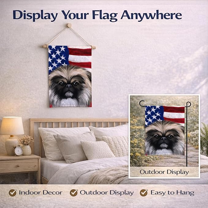 Caroline's Treasures CK6488GF Chinese Imperial Dog American Flag Garden Flag Mailbox Flag Decorative Yard Flag Banner Outside Patio Artwork Yard Flower Beds, Garden Size, Multicolor