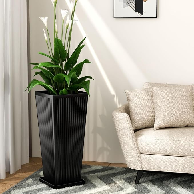 Front Porch Planters Outdoor Set of 2, 24" Tall Plastic Planters for Outdoor Plants with Drainage, Extra Large Outdoor Planter Pots, Tapered Tall Planters for Front Door & Indoor Plants, Black