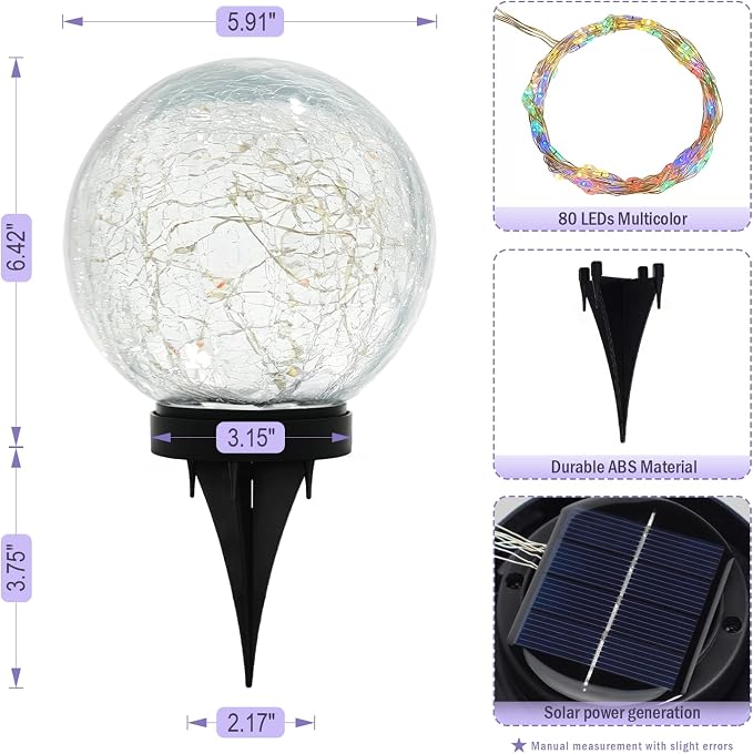 HOTEAGLE Solar Globe Lights Outdoor Waterproof-Large 2-Pack Solar Balls Lights for Outside Garden-Cracked Glass Ball Solar Lights for Garden Patio & Lawn Backyard Decor (Polychrome-Flicker, 5.9 inch)