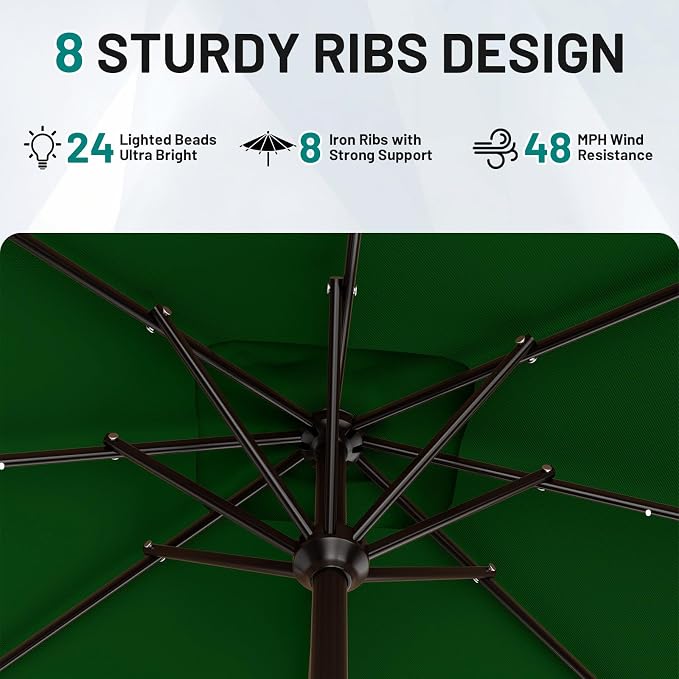 AreShark 8' X 10' Rectangular Patio Umbrella with Solar Lights, Lighted Solar Umbrella with Crank, Outdoor Table Umbrella for Garden, Deck, Backyard, Pool and Beach, Dark Green