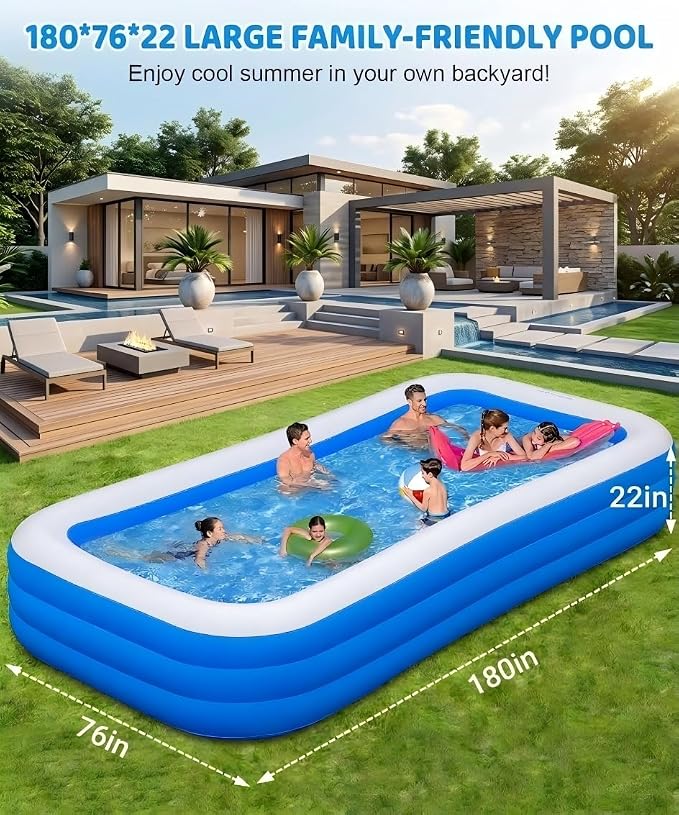180" x 76" x 22" Large Inflatable Swimming Pool for Adults & Kids, Oversized Family Blow Up Pool for Backyard, Sturdy Thickened Kiddie Pool, Easy Setup & Portable