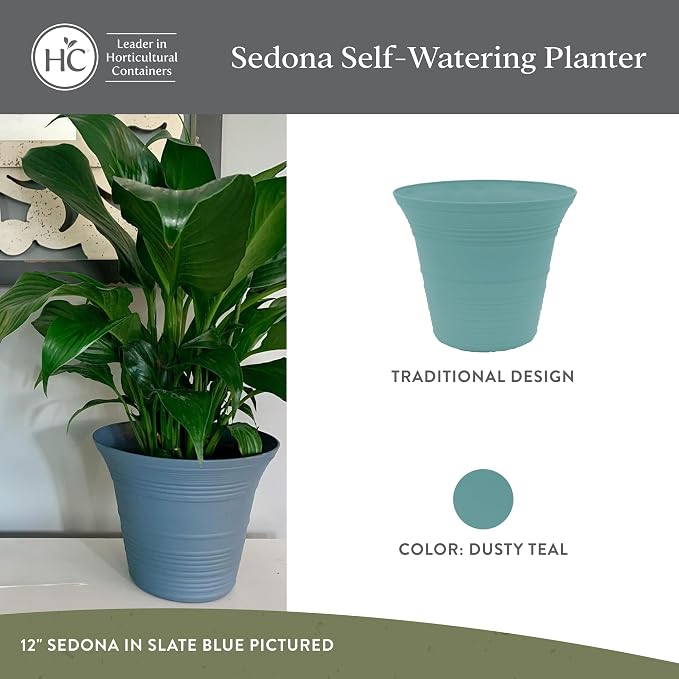 The HC Companies 16 Inch Sedona Round Self Watering Planter Pots, Lightweight UV-Resistant Plastic Indoor & Outdoor Planters, 2-Pack Flower Pots for Garden & Home Decor, Dusty Teal