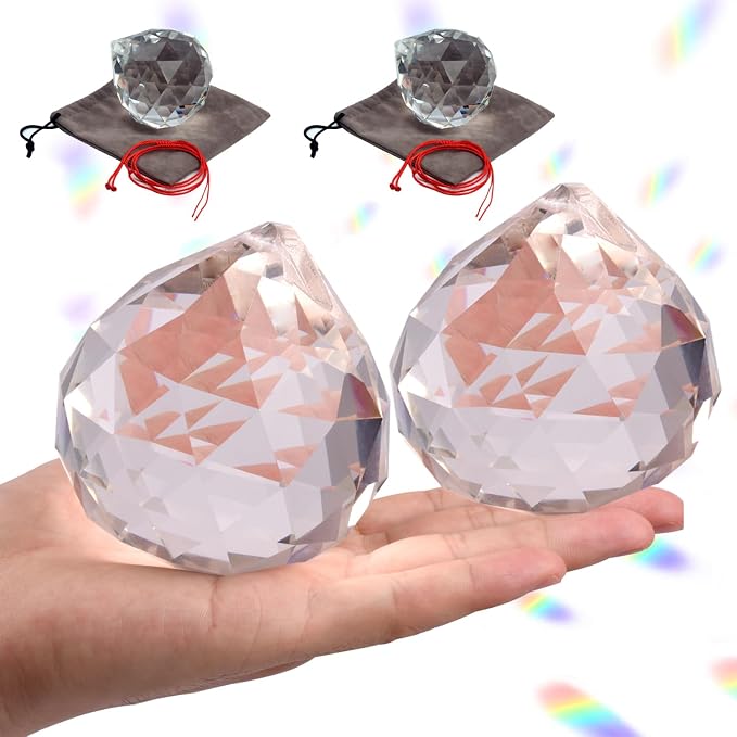 2 Pieces 80mm/3.15 Inch Clear Cut Crystal Prisms Suncatcher,Hanging Rainbow Pendants Glass Sphere Faceted Gazing Ball for Home Décor,Office,Garden Decoration,Super Sparkly and Flawless