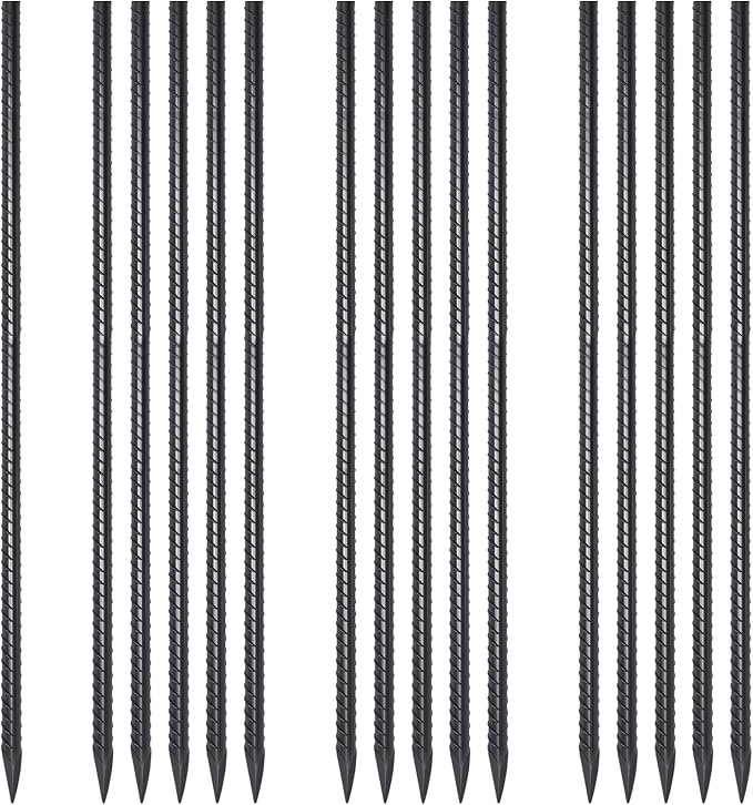 36 Inch Straight Rebar Stakes 1/2 inch Dia Steel Ground Anchors 16 Pack | Heavy Duty Metal Stakes Landscape Timber Spikes with Chisel Point End for Plant Support, Garden Border, Concrete Form, Black