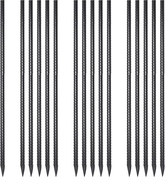 36 Inch Straight Rebar Stakes 1/2 inch Dia Steel Ground Anchors 16 Pack | Heavy Duty Metal Stakes Landscape Timber Spikes with Chisel Point End for Plant Support, Garden Border, Concrete Form, Black