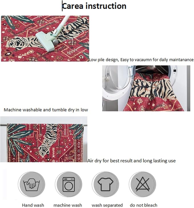 Vintage Tribal Faux Wool Red Boho Throw Rugs - 2x3, Non-Slip, Washable for Bathroom, Kitchen, Indoor, Entryway, Modern, Distressed, Tribal, Indian Accent Floor Mat