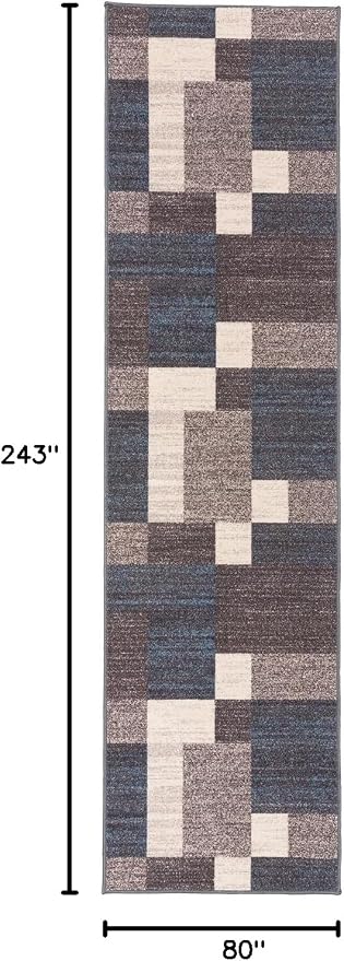 Rugshop Modern Boxes Non-Slip Living Room Kitchen Runner Rug Blue 2'7" x 8' | Rectangular, Size 2'7" x 8', Bedroom, Dining Room, Home Office, Entryway, Hallway, Nursery, Kids Room, Guest Room