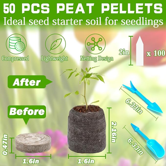 ZeeDix 50Pcs 40mm Seed Starter Pods, Compressed Peat Pellets Seed Starter Soil for Seed Starting, Growing Vegetables, Herbs & Flowers, Indoor Outdoor Gardening with 50 Plant Labels & 2 Garden Tools