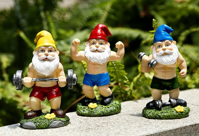 Funny Workout Garden Gnomes Statues 3pcs 6.2 Inches Outdoor Muscular, Barbell and Dumbbell Gnomes Decorations Set Gnome Gifts for Yard Lawn Patio, Indoor Gnome Figurine for Home Tabletop