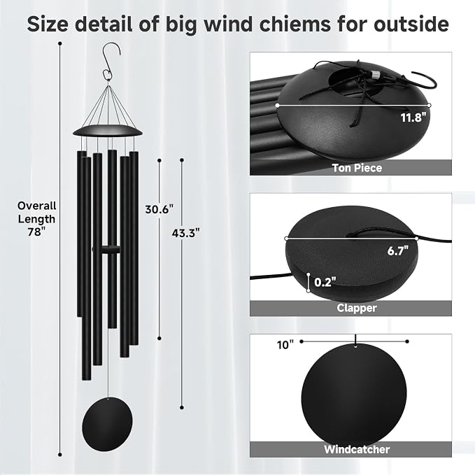 78" Extra Large Wind Chimes for Outside Deep Tone, 6 Thick and Bold Aluminum Tubes Tuned Relaxing Melody Wind Chime, Big Wind Chimes for Garden Patio Decor, Great Gift Idea for Mother's Day (Black)