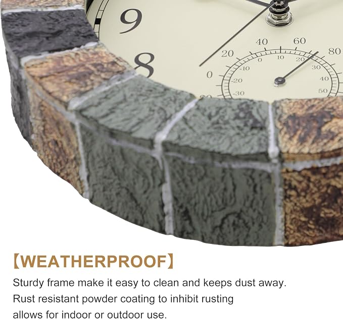 eYotto 10 Inch Small Outdoor Clock Waterproof with Thermometer,Weather-Resistant Non-Ticking Battery Operated Wall Clocks Weatherproof for Patio, Pool, Garden, Lanai, Fence, Porch, Deck