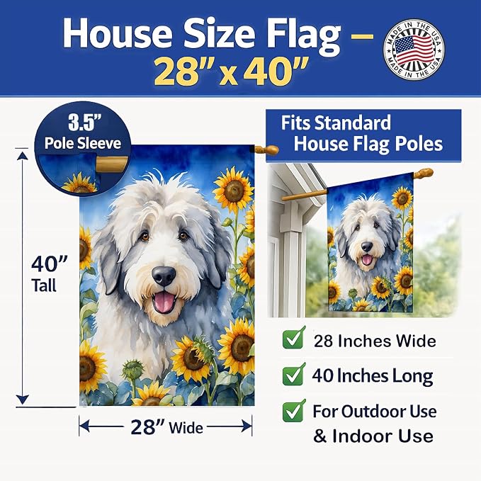 Caroline's Treasures DAC6129CHF Old English Sheepdog in Sunflowers House Flag Large Porch Sleeve Pole Decorative Outside Yard Banner Artwork Wall Hanging, Polyester, House Size, Multicolor