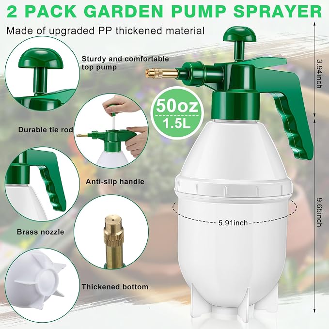 Ziliny 2 Pcs 50 oz Handheld Pump Spray Bottle Garden Mister Spray Bottles Lawn Pressure Hand Pump Sprayer with Adjustable Nozzle for Chemicals Watering Weeds Plants and Cleaning (Green)