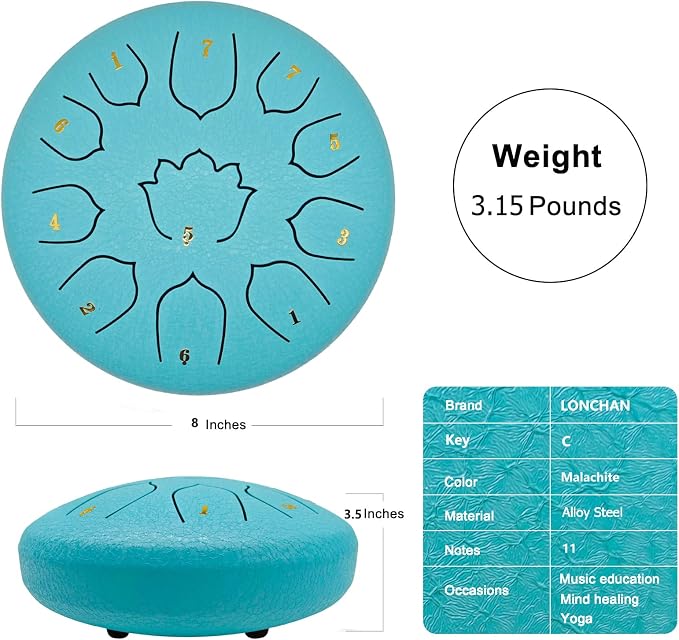 Rain Drum for Outside Garden, 8-Inch Steel Tongue Drum with 11 Notes, Percussion Instrument, Includes Packing Bag, Music Book, and Mallets, Ideal for Meditation, Yoga, and Relaxation