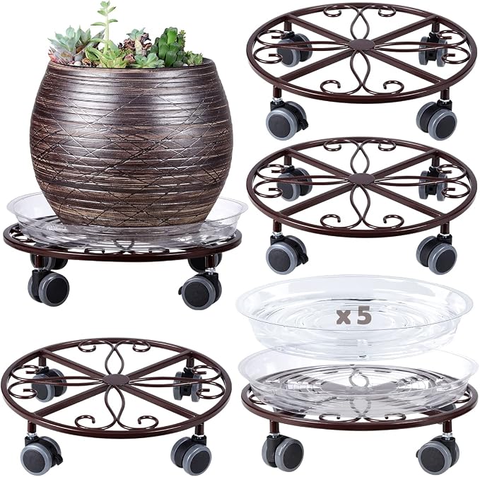 5 Pack Plant Caddy with Wheels Heavy Duty 11.8 Inches Metal Plant Stand with Wheels Plant Dolly Rolling Plant Stand Plant Roller with Casters for Indoor and Outdoor (5, Bronze)