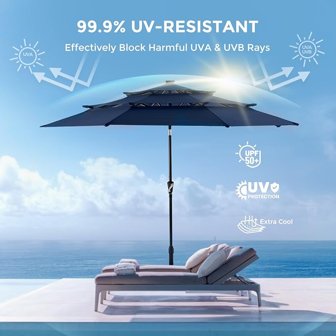 HOMSHADE 3-Tier Patio Umbrella with Solar Lights(Navy Blue,No Base) | 5-Year Fade Resistant;32 LED Lights;Windproof;8 Thicker Ribs;UPF50+;Pool Garden Deck