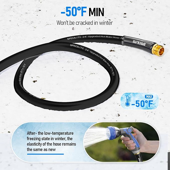 SPECILITE Retractable Hose Reel with 3/4'' Hot/Cold Garden Water Pipe 65ft, -50℉ -190℉, Heavy Duty Metal Wall Mount Spool, with 6ft Lead Hoses, Nozzle, 3/4'' Brass Fittings for Garage, Yard, Black