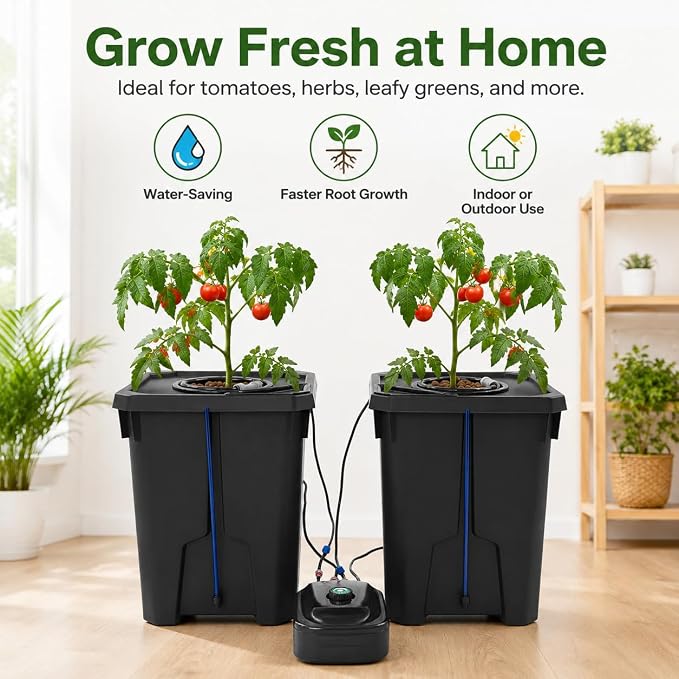 2Pcs Deep Water Culture Bucket System, 7 Gallon Hydroponics Growing System Kit with Flippable Inspection Cover, Recirculating Drip Garden System with Air Pump&Clay Pebbles for Indoor Outdoor Plants